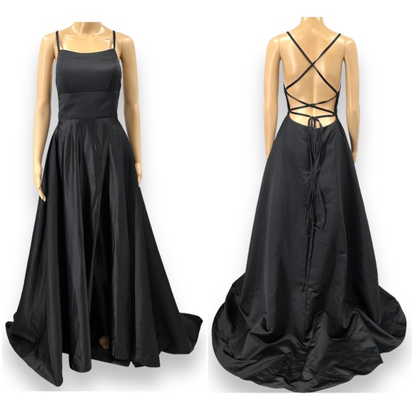 Vnaix Dresses & Skirts - Vnaix Black Satin Empire Dress Pockets Slit CrissCross Open Back Cocktail Size 8